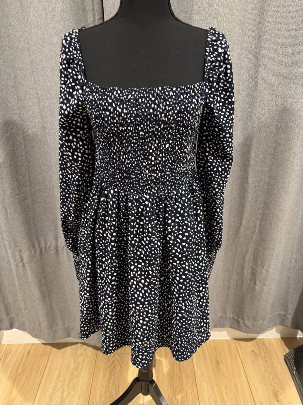 Francesca's Collections Navy and White Smocked Square Neck Midi Dress